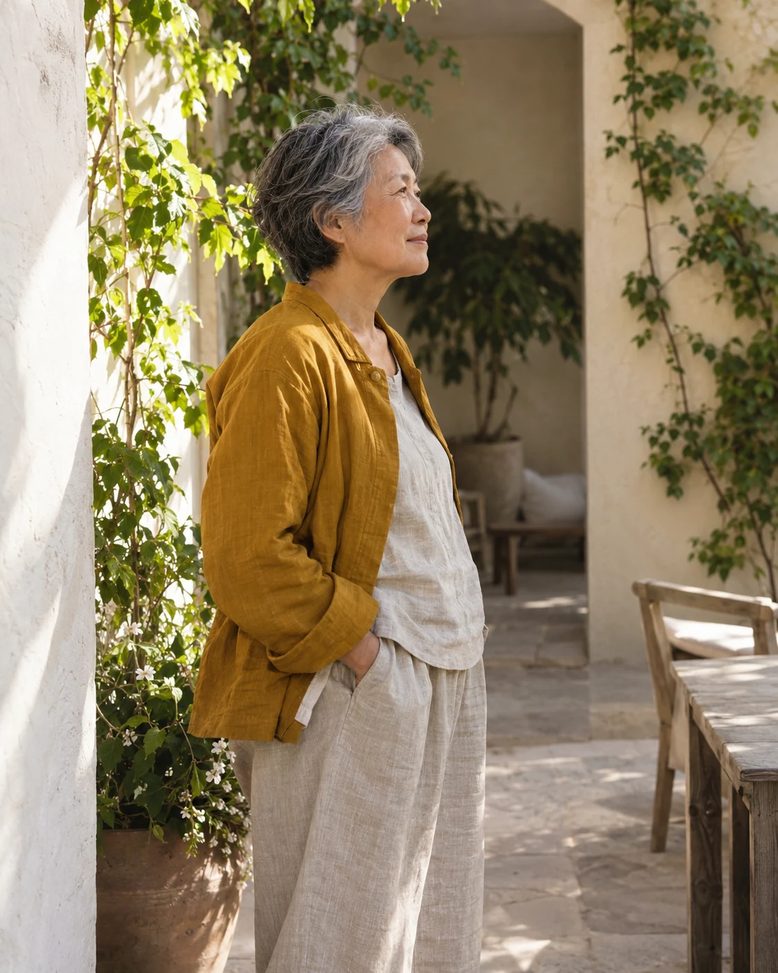 An older woman in an ochre jacket pausing in a sunlit courtyard