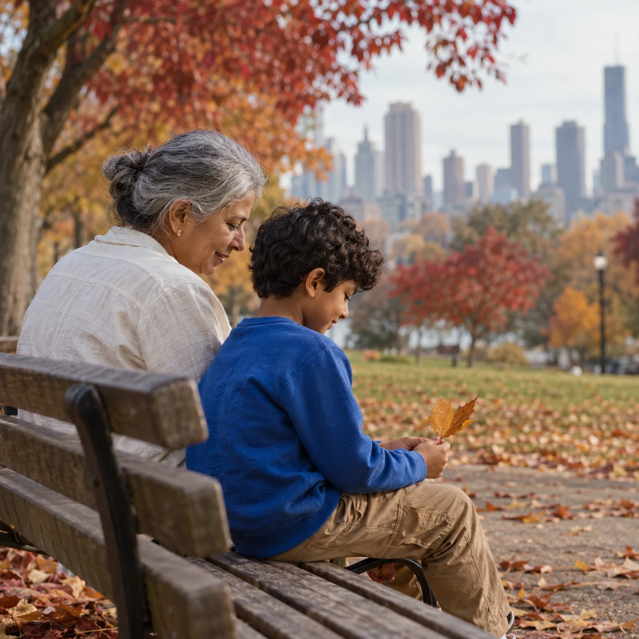 A grandmother and child sharing a moment on an autumn park bench