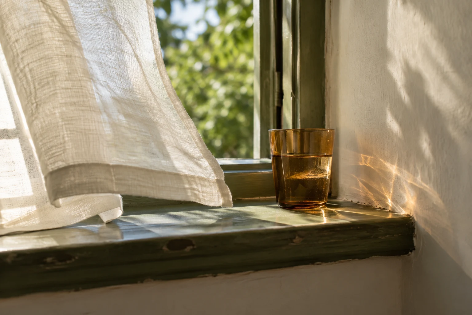 Sunlight passing through a loose linen curtain above an olive-painted sill and a small amber glass