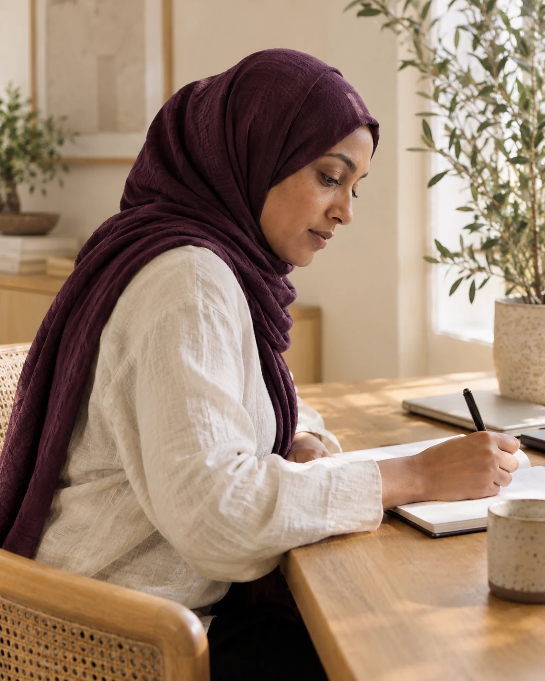 A woman in a plum headscarf concentrating at an oak desk, seen in profile