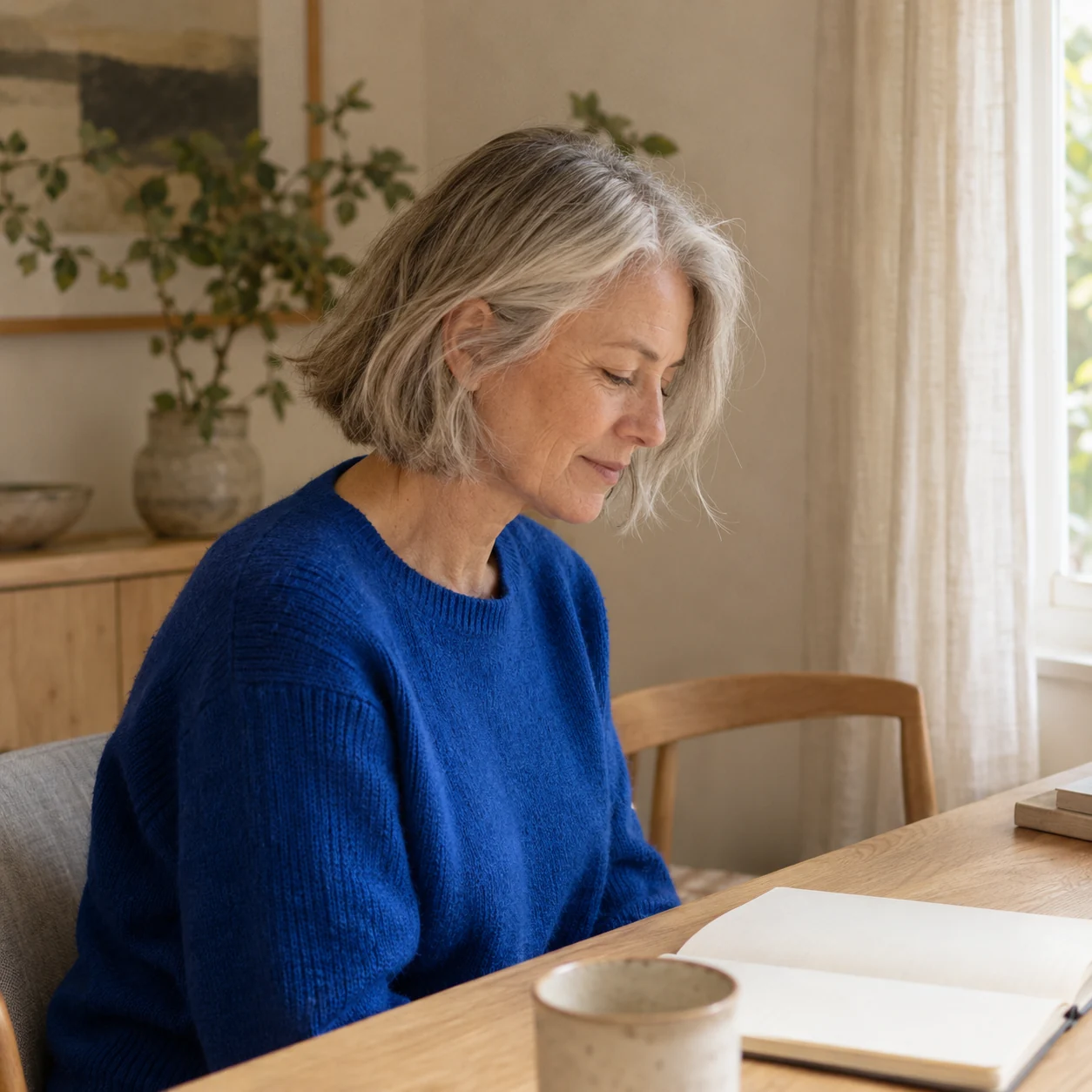 A silver-haired woman in cobalt concentrating at a table, seen in profile