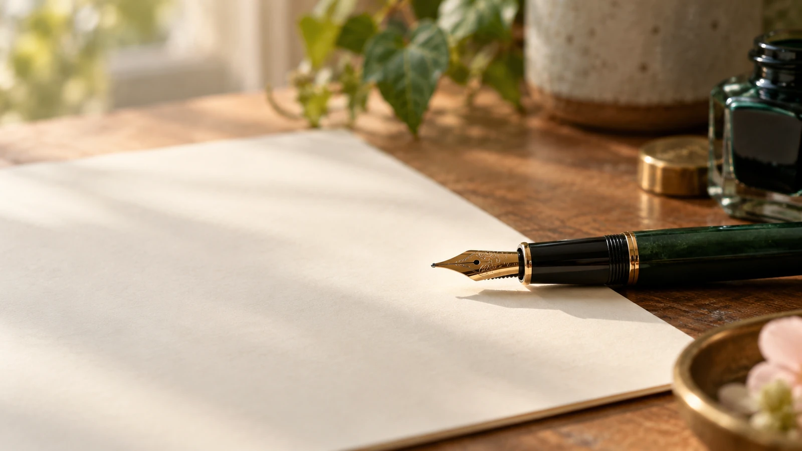 A fountain pen resting on a blank sheet of paper on a sunlit desk