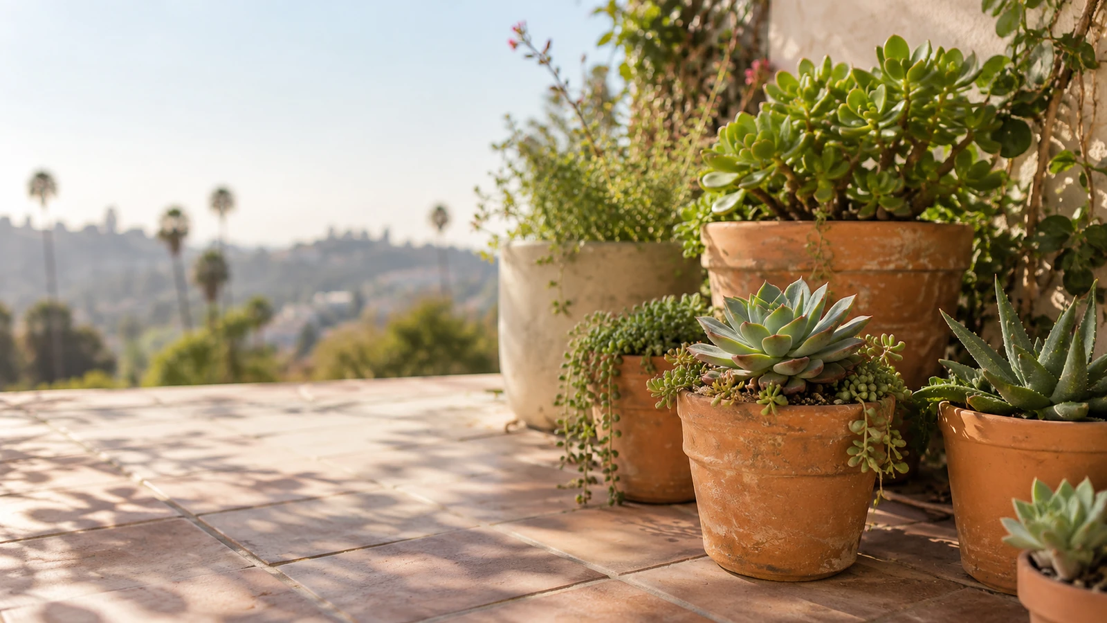 Potted succulents and herbs on a sunny terrace above the city