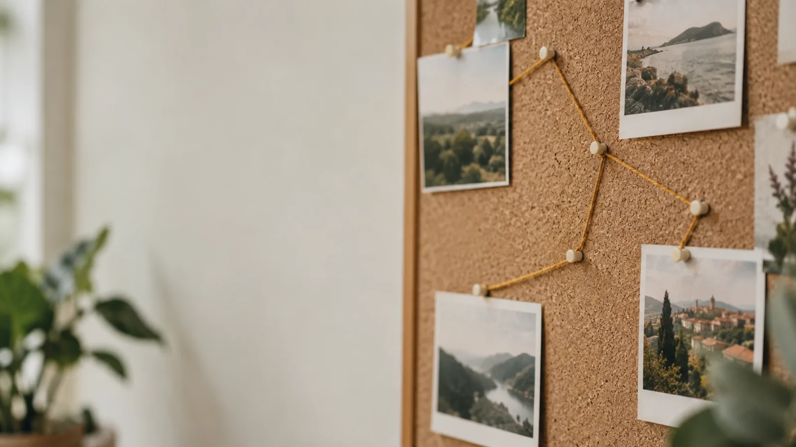 A corkboard of landscape photos joined by thread on a sunlit wall