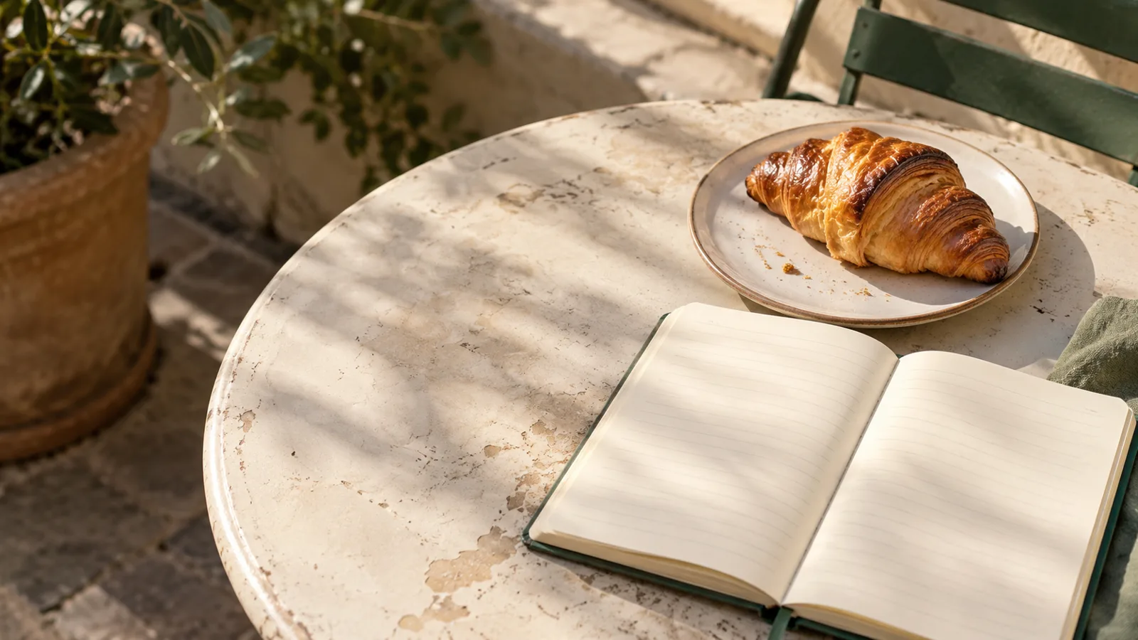 An open journal beside a croissant on a sunny café table