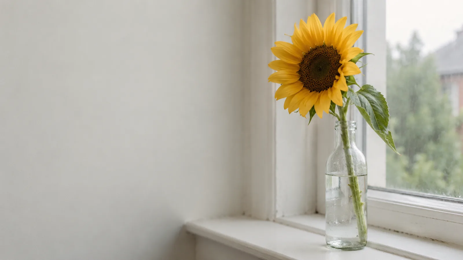 A single sunflower in a glass bottle on a white windowsill