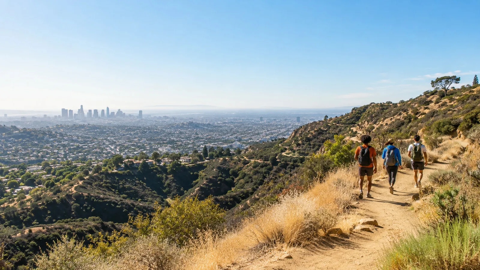 Three friends hiking a sunny ridge trail above the city