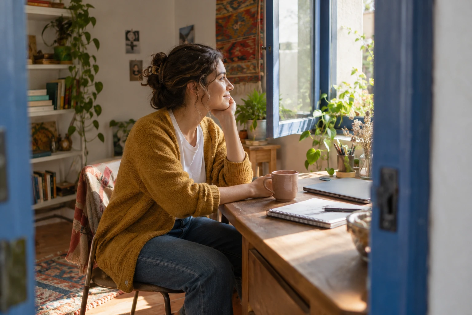 A therapist at her desk by an open window, smiling as she looks outside