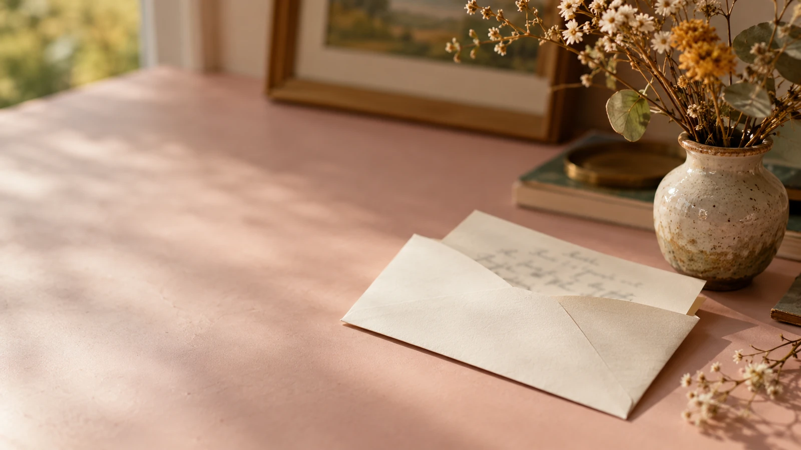 An envelope and a handwritten card on a blush tabletop beside dried flowers