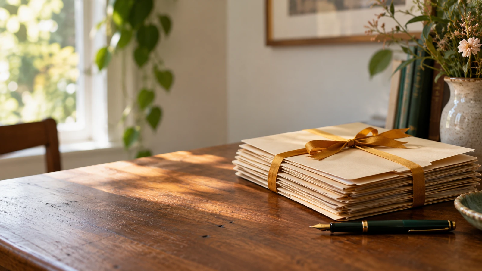 A neat stack of manila folders tied with ochre ribbon next to a fountain pen