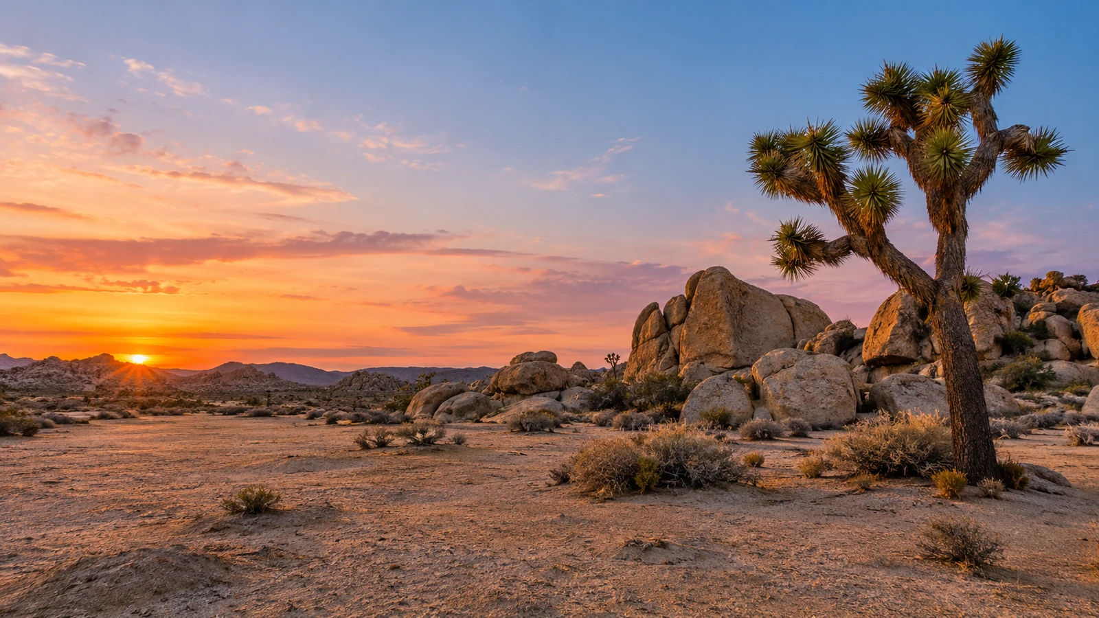 A Joshua tree and desert boulders in the warm afterglow of sunset
