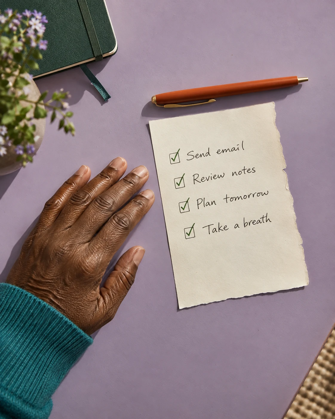 A hand resting beside a finished handwritten checklist